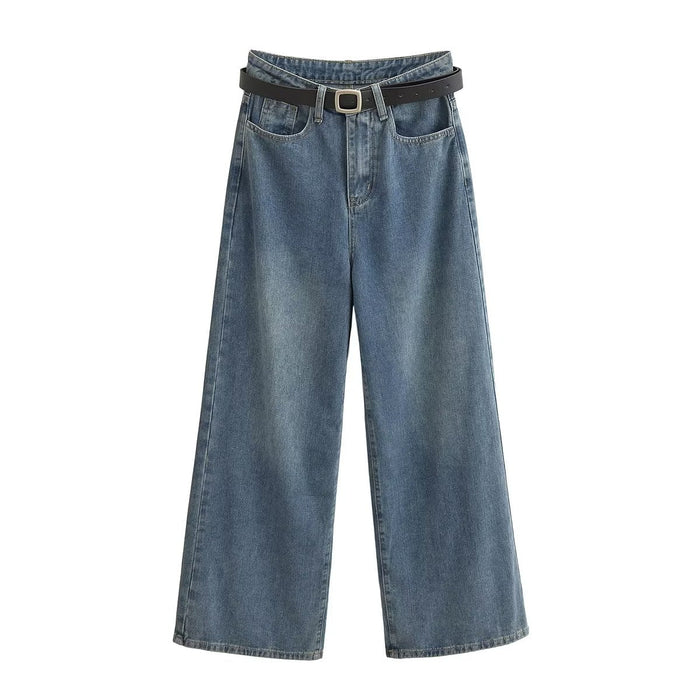 Color-Navy Blue-Wide Leg Straight Jeans Women Autumn Winter Loose High Waist All Matching Casual Pants Belt-Fancey Boutique
