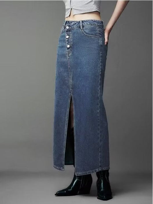 Color-Niche Skirt Summer Asymmetric Oblique Placket Front Slit Denim Skirt Women-Fancey Boutique