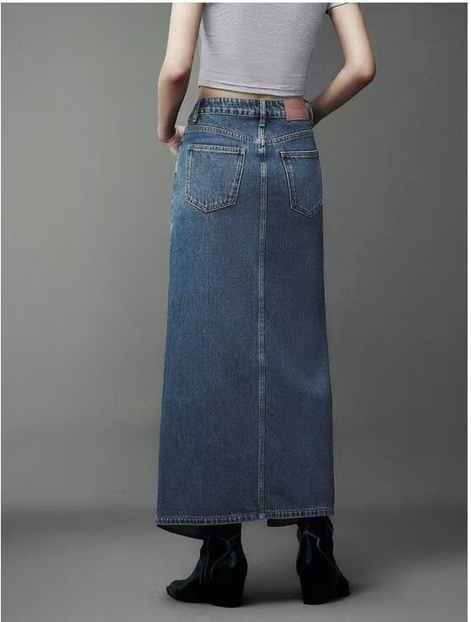 Color-Niche Skirt Summer Asymmetric Oblique Placket Front Slit Denim Skirt Women-Fancey Boutique