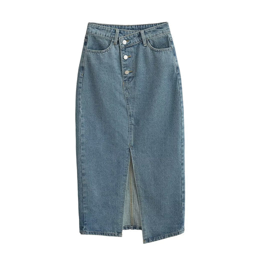 Color-Blue-Niche Skirt Summer Asymmetric Oblique Placket Front Slit Denim Skirt Women-Fancey Boutique