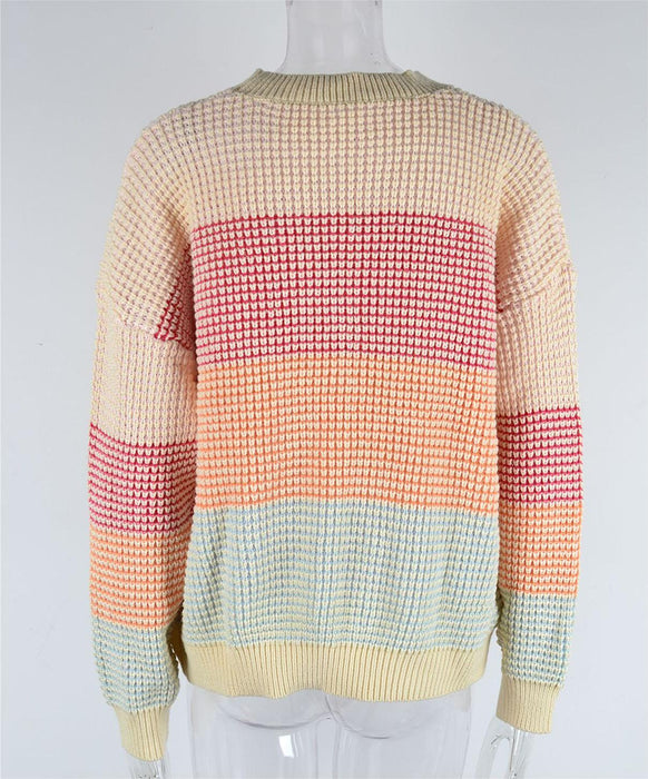 Color-Autumn Casual Sweater Loose Crew Neck Color Knitwear Top Color Block-Fancey Boutique
