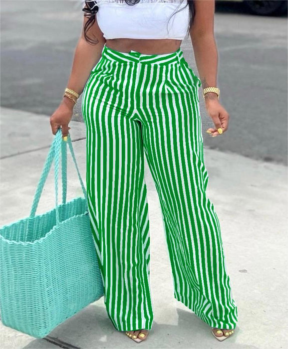 Color-Women Clothing Striped Floral Print Casual Wide Leg Pants Summer Loose Trousers-Fancey Boutique