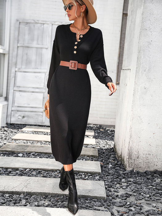 Color-Black-Autumn Winter Button Knitwear Dress Office Women Sweater Women-Fancey Boutique