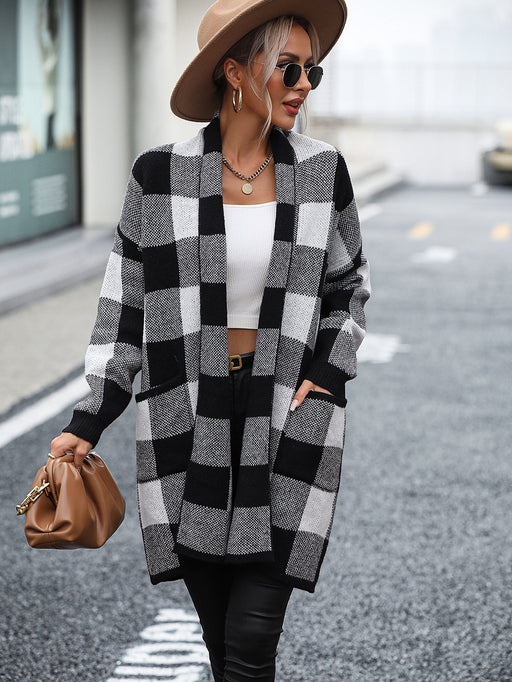 Color-Black-Coat Loose Plaid Color Stitching Knitted Cardigan Sweater Women-Fancey Boutique
