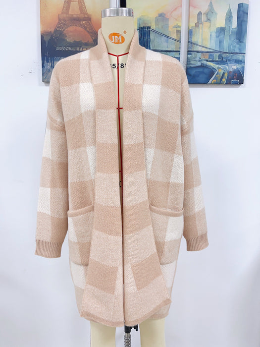 Color-Coat Loose Plaid Color Stitching Knitted Cardigan Sweater Women-Fancey Boutique