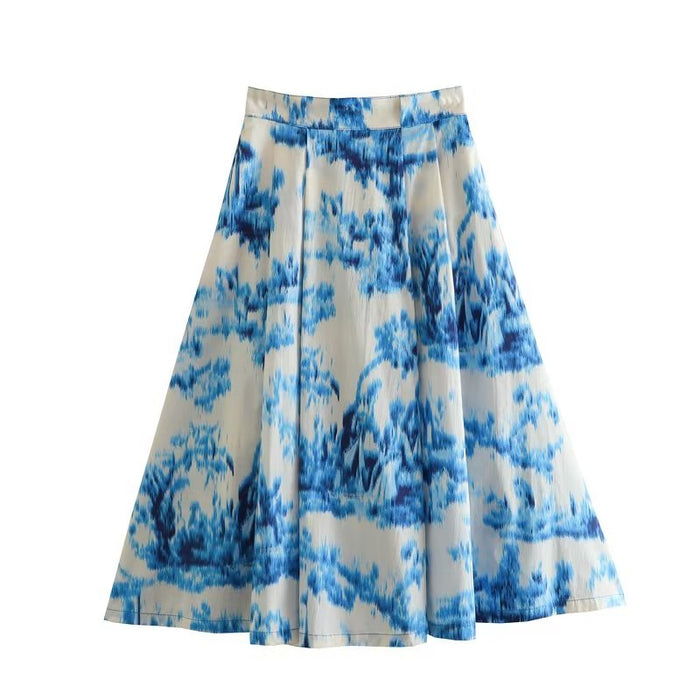 Color-Blue and white-Printing Color Contrast Skirt Sweet Fresh Women Skirt Spring Arrival High A line Skirt-Fancey Boutique