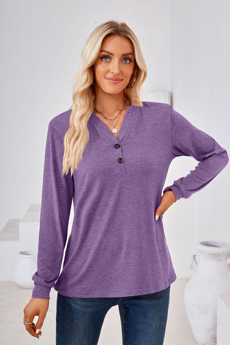 Color-Autumn Winter Solid Color V-neck Button Loose Long-Sleeved T-shirt Top Ladies-Fancey Boutique