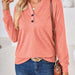 Color-Autumn Winter Solid Color V-neck Button Loose Long-Sleeved T-shirt Top Ladies-Fancey Boutique