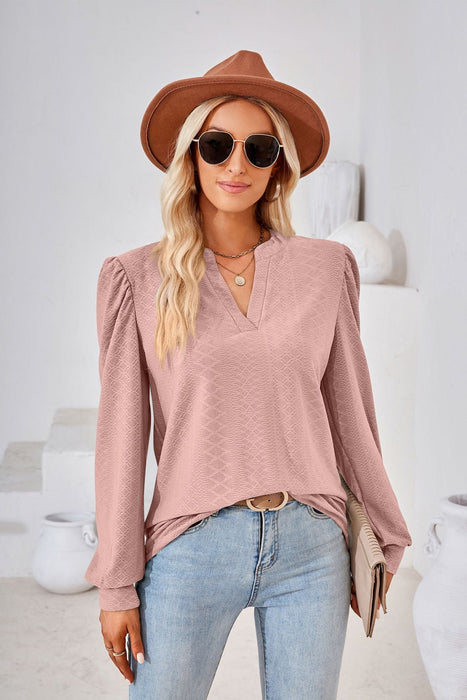 Color-Autumn Winter Solid Color V neck Jacquard Long Sleeve Loose-Fitting T-shirt Top Ladies-Fancey Boutique