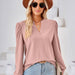 Color-Autumn Winter Solid Color V neck Jacquard Long Sleeve Loose-Fitting T-shirt Top Ladies-Fancey Boutique