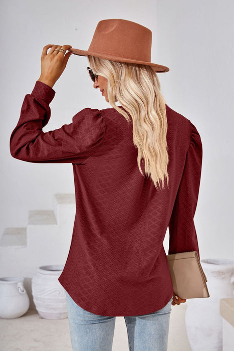 Color-Autumn Winter Solid Color V neck Jacquard Long Sleeve Loose-Fitting T-shirt Top Ladies-Fancey Boutique