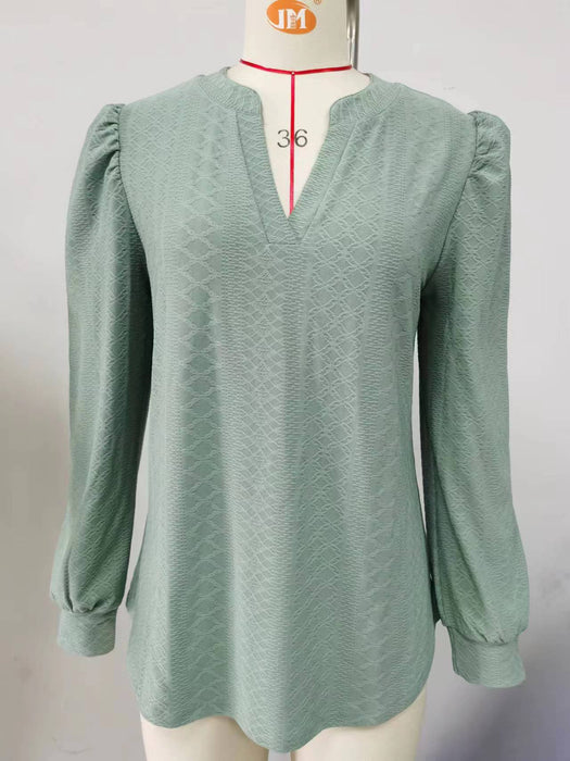 Color-Autumn Winter Solid Color V neck Jacquard Long Sleeve Loose-Fitting T-shirt Top Ladies-Fancey Boutique