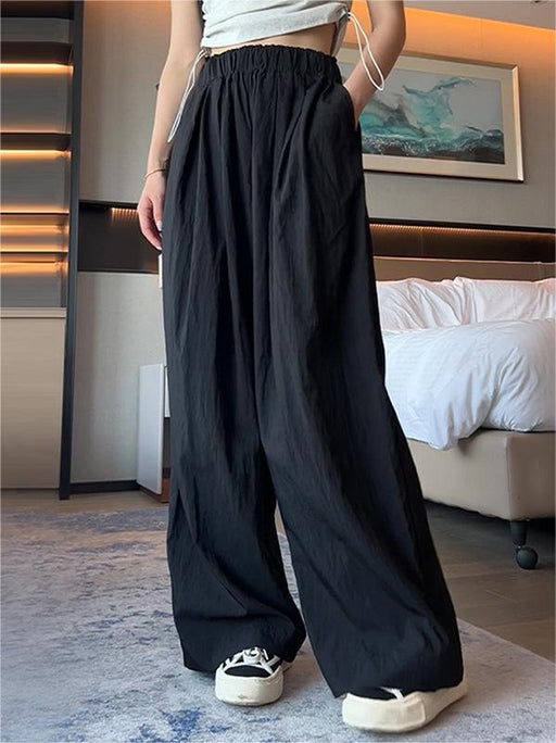 Color-Black [Common Style]]-Ice Silk Wide Leg Pants Women Summer Thin High Waist Drooping Casual Japanese Lazy Pants Linen Straight-Leg Pants-Fancey Boutique