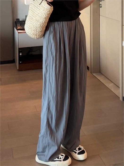 Color-Gray [Common Style]]-Ice Silk Wide Leg Pants Women Summer Thin High Waist Drooping Casual Japanese Lazy Pants Linen Straight-Leg Pants-Fancey Boutique