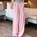 Color-Pink [Common Style]]-Ice Silk Wide Leg Pants Women Summer Thin High Waist Drooping Casual Japanese Lazy Pants Linen Straight-Leg Pants-Fancey Boutique