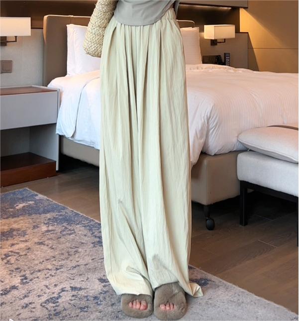 Color-Apricot [Common Style]]-Ice Silk Wide Leg Pants Women Summer Thin High Waist Drooping Casual Japanese Lazy Pants Linen Straight-Leg Pants-Fancey Boutique