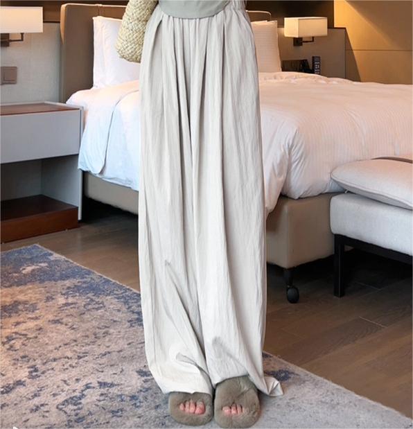 Color-Milk Tea Gray [Common Style]]-Ice Silk Wide Leg Pants Women Summer Thin High Waist Drooping Casual Japanese Lazy Pants Linen Straight-Leg Pants-Fancey Boutique