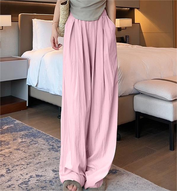 Color-Pink [Extended]]-Ice Silk Wide Leg Pants Women Summer Thin High Waist Drooping Casual Japanese Lazy Pants Linen Straight-Leg Pants-Fancey Boutique