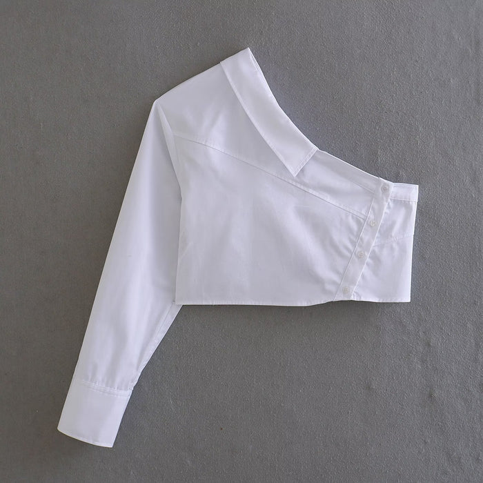 Color-White-Summer Women Clothing Diagonal Collar Fastener Decoration Asymmetric Long Sleeve Short Shirt-Fancey Boutique