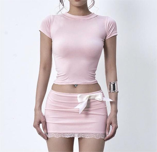 Color-Summer Round Neck Short Sleeve Top Low Waist Hip Wrapped Short Skirt Casual Suit Women-Fancey Boutique