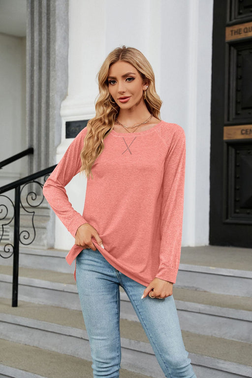 Color-Autumn Winter round Neck Contrast Color Loose Long-Sleeved T-shirt Split Top Women-Fancey Boutique