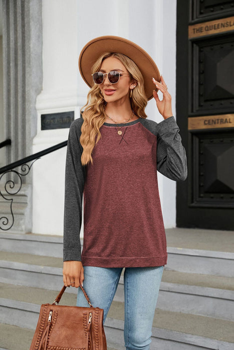 Color-Autumn Winter round Neck Contrast Color Loose Long-Sleeved T-shirt Split Top Women-Fancey Boutique