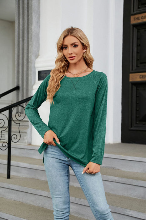 Color-Autumn Winter round Neck Contrast Color Loose Long-Sleeved T-shirt Split Top Women-Fancey Boutique