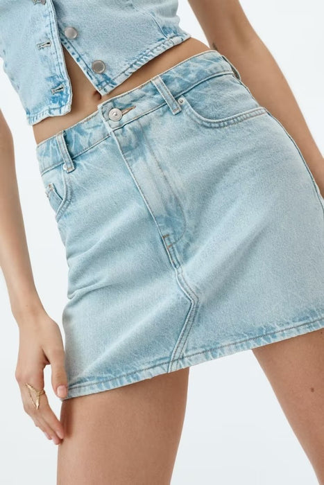 Color-Summer Women Clothing Sleeveless V neck Denim Jacket High Waist Mini Skirt-Fancey Boutique