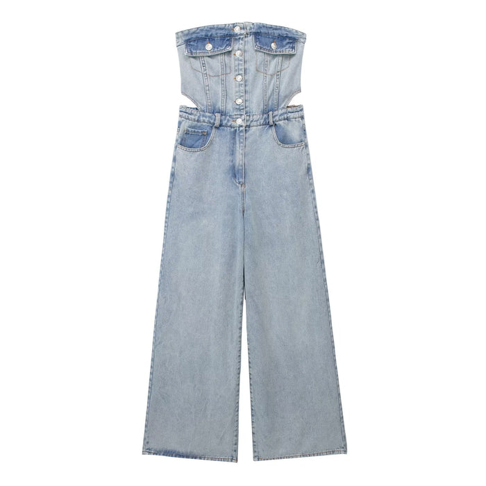 Color-Blue-Summer Hollow Out Cutout out Shoulder Baring Tight Waist Slim Fit Tube Top Denim Jumpsuit Trousers for Women-Fancey Boutique