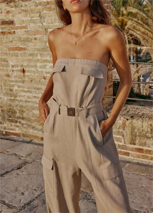 Color-Summer Women Clothing Linen Blended Overalls-Fancey Boutique