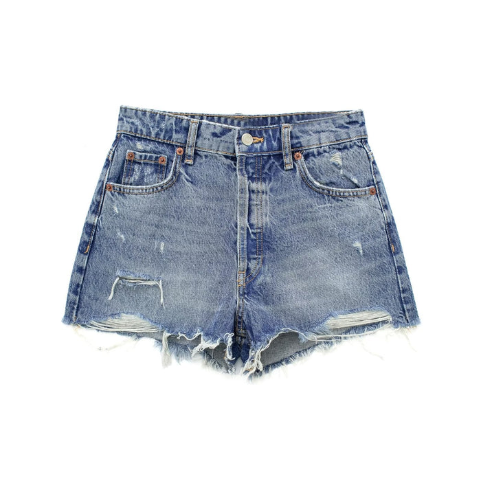 Color-Summer Women Clothing Perforated Hole Decoration High Waist Denim Shorts-Fancey Boutique