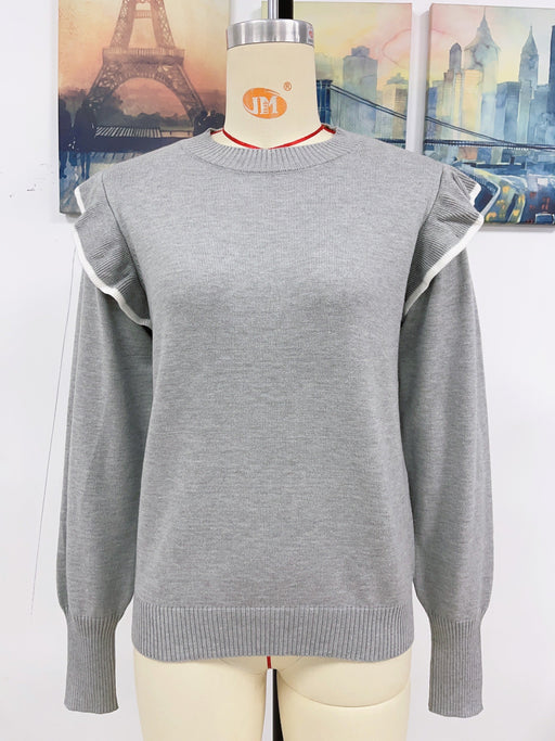 Color-Gray-Ruffled Knitwear Loose Solid Color round Neck Pullover Sweater Women-Fancey Boutique