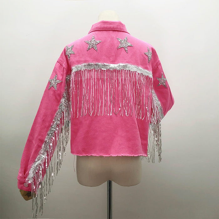 Color-Popular Sequ Tassel Jacket Autumn Winter Washed Frayed Hem Rhinestone Five Pointed Star Coat-Fancey Boutique