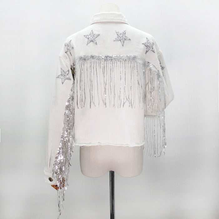 Color-Popular Sequ Tassel Jacket Autumn Winter Washed Frayed Hem Rhinestone Five Pointed Star Coat-Fancey Boutique
