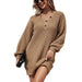 Color-Solid Color V Neck Button Mid Length Sweater Dress Women Autumn Winter Lantern Sleeve Sweater-Fancey Boutique