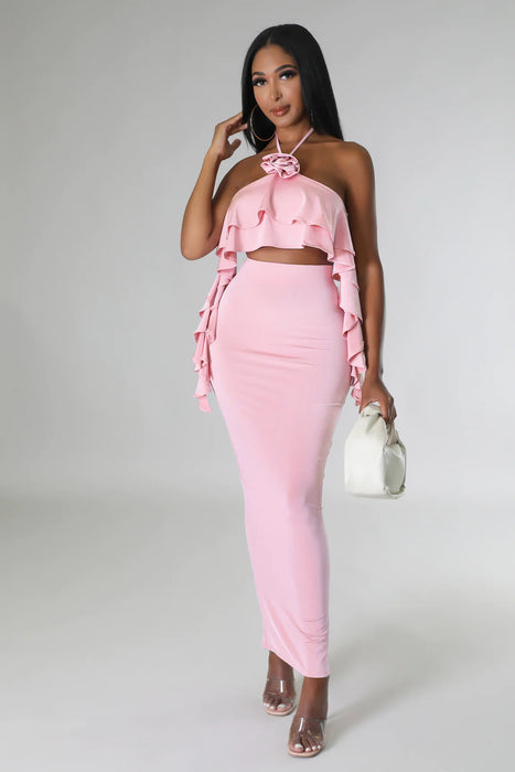Color-Wrapped Chest Halter Ruffled Top Bare Cropped High Waist Split Dress Two-Piece Set 3D Decoration-Fancey Boutique