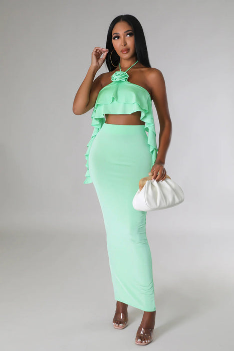 Color-Wrapped Chest Halter Ruffled Top Bare Cropped High Waist Split Dress Two-Piece Set 3D Decoration-Fancey Boutique