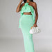 Color-Wrapped Chest Halter Ruffled Top Bare Cropped High Waist Split Dress Two-Piece Set 3D Decoration-Fancey Boutique