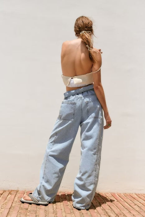 Color-Summer Women Clothing with Belt Pleated High Waist Jeans-Fancey Boutique