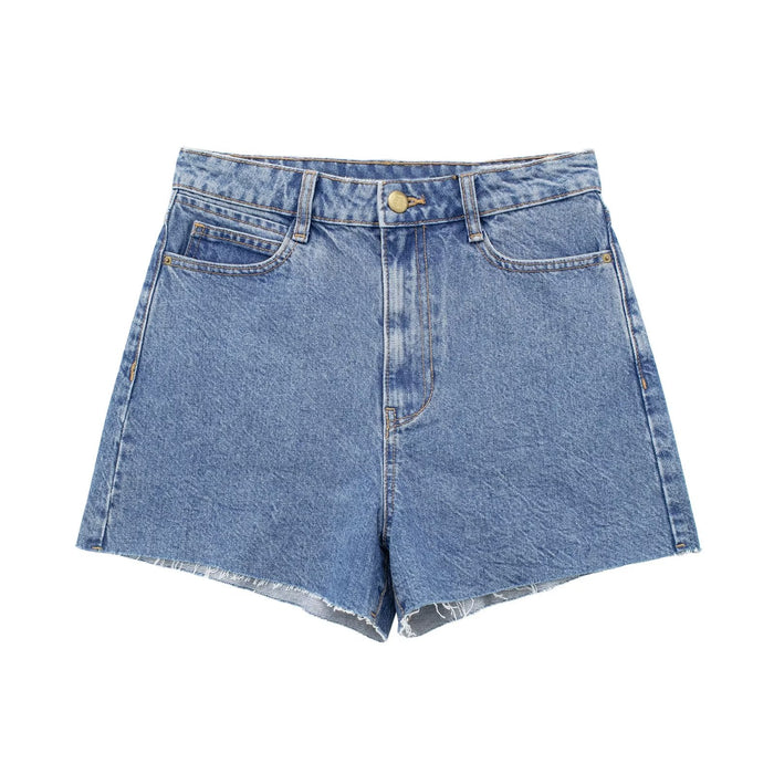 Color-Retro High Waist Denim Shorts Niche Sexy Sexy Outer Wear Stretch Slim Fit All-Match Hem Frayed Pants-Fancey Boutique