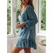 Color-Light Blue-Women A- line Dress Loose Long Sleeve Ruffled Hem Cotton Linen Dress-Fancey Boutique