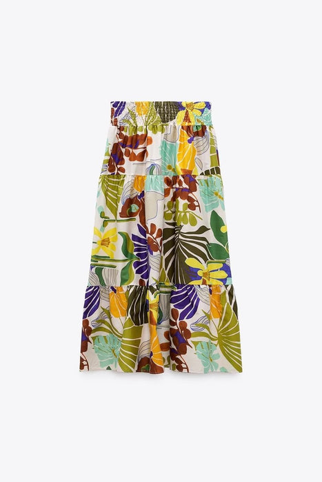 Color-Women Tropical Printed Midi Skirt-Fancey Boutique