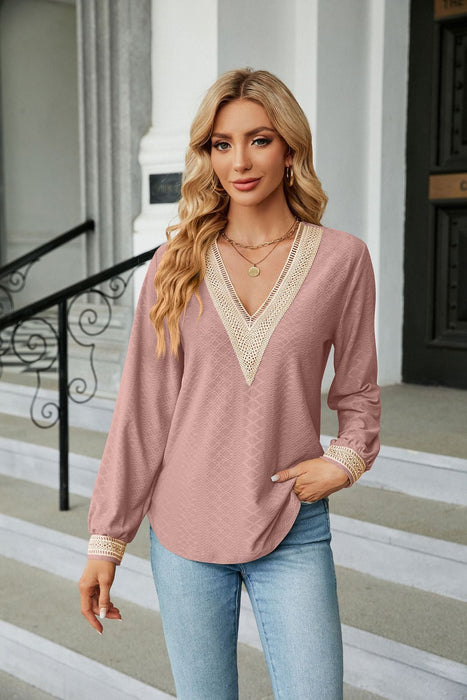 Color-Autumn Winter Lace V-neck Patchwork Loose Long-Sleeved T-shirt Top Women Clothing-Fancey Boutique