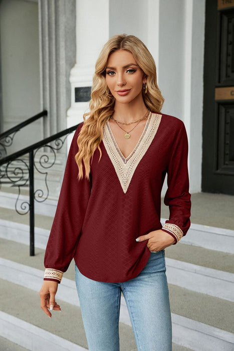 Color-Autumn Winter Lace V-neck Patchwork Loose Long-Sleeved T-shirt Top Women Clothing-Fancey Boutique