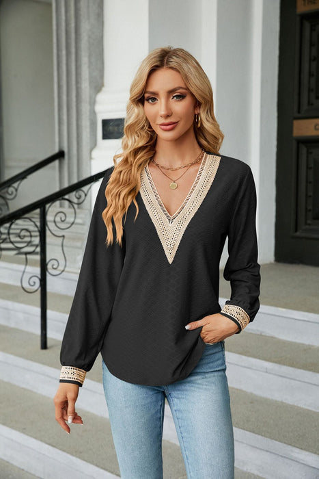 Color-Autumn Winter Lace V-neck Patchwork Loose Long-Sleeved T-shirt Top Women Clothing-Fancey Boutique