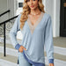 Color-Autumn Winter Lace V-Collar Contrast Color Slit Loose Long Sleeve T-shirt Top Ladies-Fancey Boutique