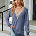 Color-Autumn Winter Lace V-Collar Contrast Color Slit Loose Long Sleeve T-shirt Top Ladies-Fancey Boutique