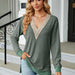 Color-Autumn Winter Lace V-Collar Contrast Color Slit Loose Long Sleeve T-shirt Top Ladies-Fancey Boutique