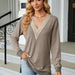 Color-Autumn Winter Lace V-Collar Contrast Color Slit Loose Long Sleeve T-shirt Top Ladies-Fancey Boutique