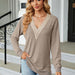 Color-Autumn Winter Lace V-Collar Contrast Color Slit Loose Long Sleeve T-shirt Top Ladies-Fancey Boutique